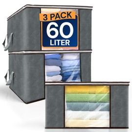 Reli. 60L Clothes Storage Bags (3 Pack) Closet Organizers and Storage Containers | Foldable Storage Bins with Lids & Handles | Large Storage Bags for Towels, Toys, Comforters, Blanket Storage | Grey