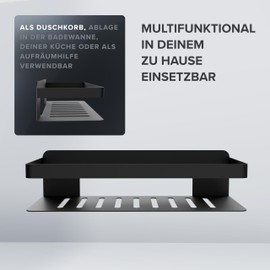 ovimar Hinnoya Shower Basket, Rectangular, Matt Black, Stainless Steel, No Drilling, for Gluing, Shower Shelf, Space-Saving Attachment, for Bath or Shower, Storage of Shower Gel