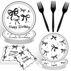 Black Bow Plates and Napkins for Black Bow Party Decorations Black and White Bow Napkins Plates Forks Tableware Set for Baby Shower Girls Coquette Birthday Party Décor