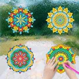 ACSAUMMY Diamond Art Kits for Adults, 6pcs Mandala Window Clings Stained Glass Kit DIY Diamond Art Painting Accessories Diamond Window Stickers Painting Sun Catcher Window Arts and Crafts Kit