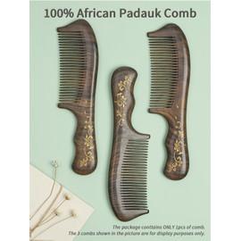 Luxury African Padauk Wooden Comb, with Exquisite Golden Manual Painting，100% Nature Padouk Fine Tooth Women Girl Comb with Long Teil