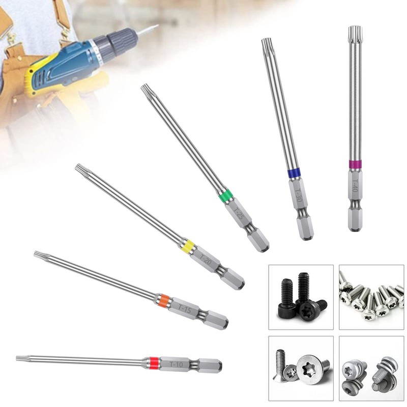 OIENNI Torx Screw Bit Set, 6-Piece, 100mm, Single-Ended Torx, Hex