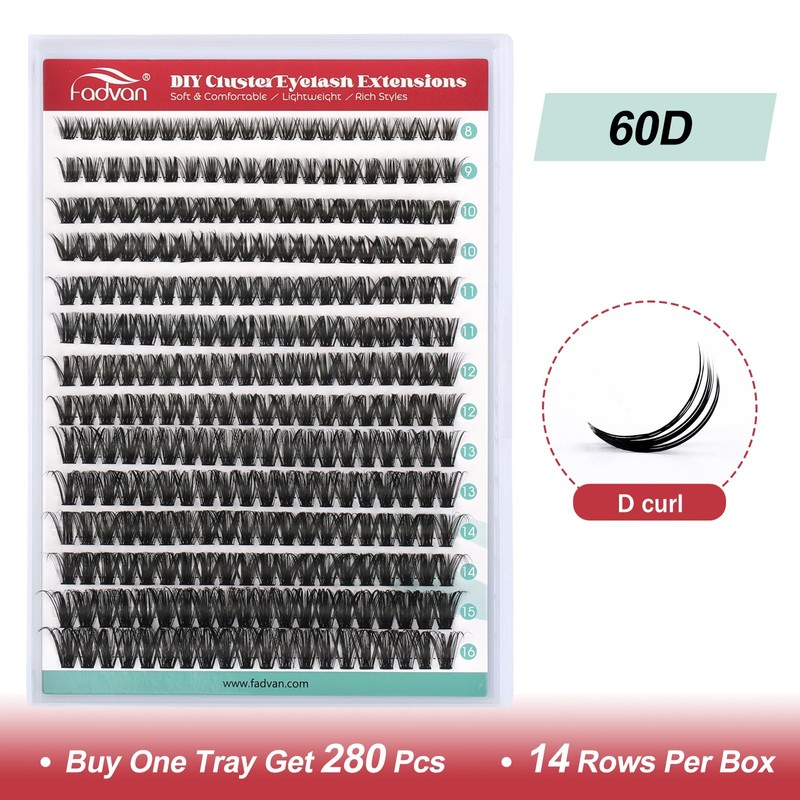 FADVAN Cluster Eyelash Extensions 280 Pieces Curl D Eyelashes Individual