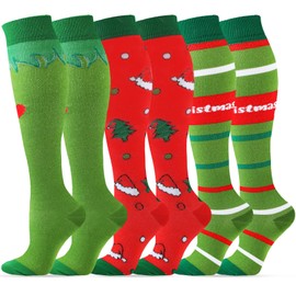 Jamntower 3 Pairs Red and Green Knee High Socks Red Heart Christmas Tree Elf Santa Hat Novelty Socks for Women Men(Large/X-Large)