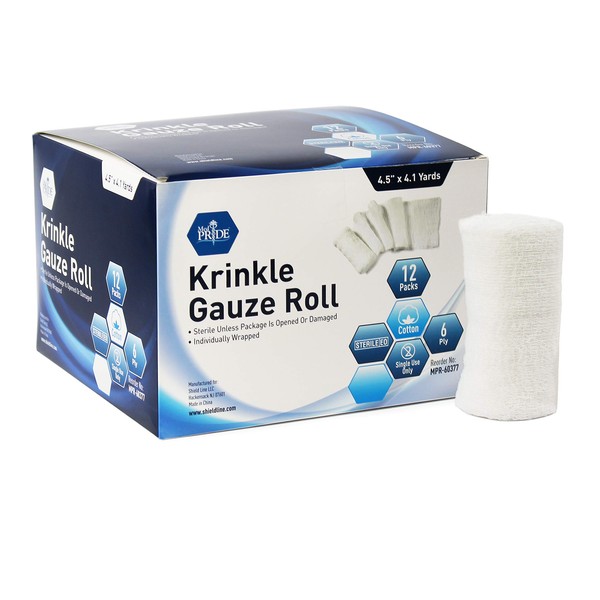 Medpride Sterile Krinkle Gauze Rolls - Cotton Wound Dressing Sterile Wraps – 6-Ply Highly Absorbent First Aid Gauzes - Medical Individually Wrapped Mesh Bandage Gauzes [12 Rolls]- 4.5'' x 4.1 Yards