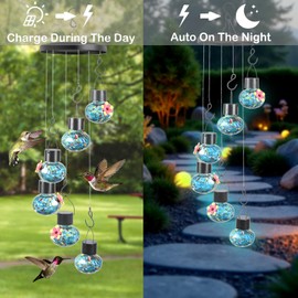 Solar Wind Chimes Hummingbird Feeder for Outdooors, Blue Hand-Blown Glass Bird Feeders with Leak-Proof Design, Ant & Bee Resistant, Perfect Garden Patio Decor (Blue)
