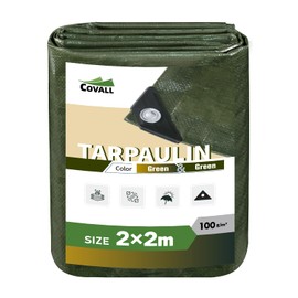 Covall Tarpaulin Medium-Duty Tarp Sheet Cover Waterproof 2x2m Groundsheet 100g/m² Green Weatherproof Windproof UV-Resistant Tent Pool Roof Sandbox Boats Truck RV Car tarp