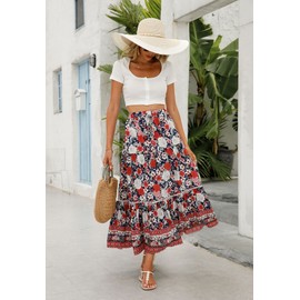 Longwu Women's Boho Skirts Ladies Summer Skirts Floral Print Bohemian Style Half Dress Elasticated Waist Flowy Swing Midi Skirt Red-L
