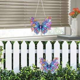 NEWENMO 5D Butterfly Diamond Painting Pendant Set, DIY Diamond Painting Window Decoration Pendant, Flowers Diamond Crystal Art Kits with Chain, for Windows, Walls, Door Openings and Garden Decoration