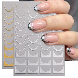 8 Sheets French Tip Nail Art Stickers Decals 3D Self-Adhesive Gold Silver French Lines Nail Decals Glitter Curve Lines Design Nails Art Supplies for Women DIY Manicure Decorations