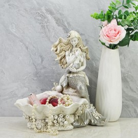 YHHRESINHOME 10-inch Rustic White Jewelry Tray Mermaid Shell Dish, Vintage Small Figurine Ring Holder, Collectible Personal Ornament Plate for Necklaces, Earrings, Trinket - Mermaid Shape Organizer