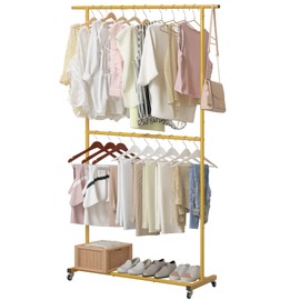 Sywhitta Double Rod Clothing Garment Rack, Rolling Clothes Organizer on Wheels for Hanging Clothes, Easy to Assemble, Adjustable, Gold