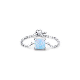 Opal Heart Ring for Women 925 Sterling Silver Adjustable Finger Band Love Heart Engagement Promise Rings Dangle Ball Link Chain Bands Statement Ring (Square)