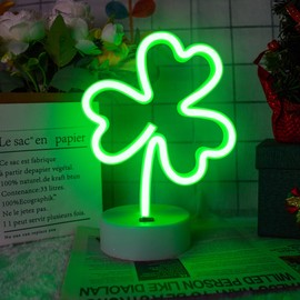 Clover Neon Signs With Holder Base,Green Lucky Clover USB or 3-AA Battery Powered Neon Light, LED Table Decoration, Bedroom, Kids Room，Home, Office Tablelet Night Light Decor, Birthday Christmas Gift