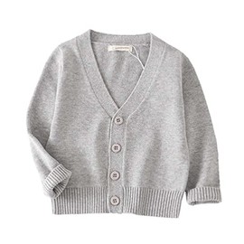 LNICEAR Baby Boys Girls V-Neck Casual Cardigan Sweaters Long Sleeve Button Cotton Solid Color Uniform Knit Tops Outwear Grey 3T