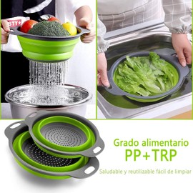 Coladores plegables, juego de coladores, 2 coladores Para Cocina (filtros), incluye 2 coladores plegables de 8" y 9.5" (Verde)