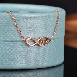 Yumilok 925 Sterling Silver Zirconia Rose Gold Plated Women Charm Bracelet Infinity Symbol "Love" Forever Link Bracelet Hand Chain