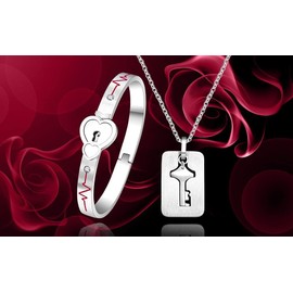 Uloveido Stainless Double Heart Infinity Love Lock Bangle Heartbeat Line Bracelet with Shield Key Pendant Necklace Set Y1891-Steel