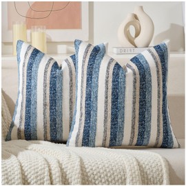 Zealax Modern Farmhouse Decorative Pillow Covers 18x18 Inch Boho Throw Pillows Neutral Soft Chenille Couch Cushion Covers, Set of 2 Velvet Striped Accent Pillows Cases for Sofa Bed Living Room, Blue