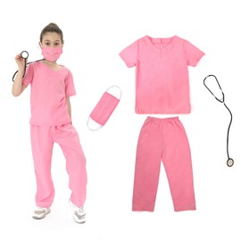 Wiclin Doctor Role Play Costume Pink Scrubs for Unisex Children With Top,Pants and Stethoscope.(S 5-7 Years)