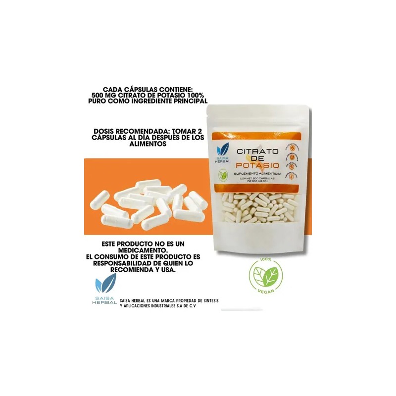 Citrato Magnesio Potasio 500 Cáps Vegana Sabor