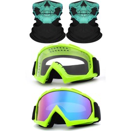 immoono 4PCS Motorcycle Set, 2 Dirt Bike Ski Goggles UV Protection Dustproof Windproof Safety Glasses with 2 Skull Face Mask, Green Frame Colorful and Clear Lenses with Green Skull Neck Gaiters