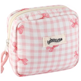 PLwelth Small Makeup Bag for Purse Mini Checkered Cosmetic Bag for Women Girls Cute Bow Cotton Makeup Pouch with Zipper Aesthetic Portable Travel Toiletry Bags for Sanitary Napkin Organizer Storage