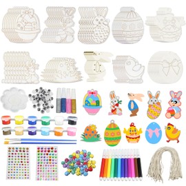 TUSAUW 80Pcs Unfinished Wooden Easter Crafts to Paint, 10Styles DIY Unfinished Easter Wooden Crafts Paint Your Own Wooden Ornaments Egg Rabbit Hen Happy Easter