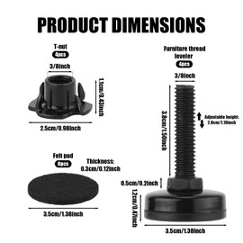 4pcs Adjustable Table Feet, Black Adjustable Furniture Levelers Heavy Duty Furniture Leveling Feet with T- Nut Kit 3/8”-16 Thread Adjustable Cabinet Legs Levelers for Table Chairs Sofa Cabinet Raiser