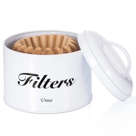 Uross Coffee Filter Holder Storage with Lid- Rustic Container Basket Round Filters Storage Canister Filters Organizer Case Dispenser Coffee Bar Accessories Decor (White)