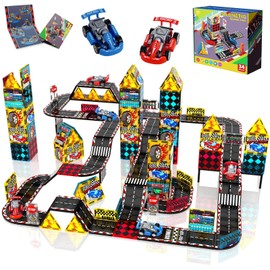 Magnetic Tiles Road Set, Race Track with 2 Car, Magnetic Car Racing for Kids Ages 3 4 5 6 7 8, Magnet Building Blocks STEM Toy Christmas Birthday Gifts for 3＋ Years Old Boys Girls