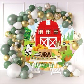 OERJU 6.5x6.5ft Cartoon Farm Animals Round Backdrop Farm Red Barn Circle Photography Background Round Backdrop Stand Cover for Kids Children Baby Shower Birthday Party Decorations Photo Booth Props