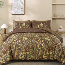 Yiran 7 Piece Brown Fall Comforter Set Queen Size, Floral Flowers Comforter Bedding Set, Bed in a Bag Queen, Soft Microfiber Complete Bedding Set with Sheets for All Season