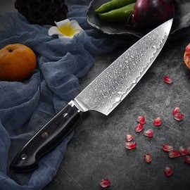 Yuanren  Japanese VG10 Damascus Chef Knife – Carbon Steel, Multi-Layer Blade, Razor Sharp, Comfortable Ergonomic G10 Handle for Professional & Home Cooks - Color: Red