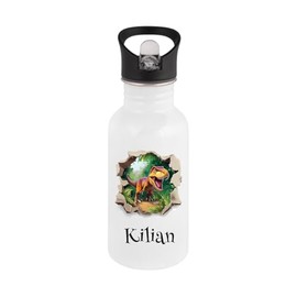 Personalisierte Trinkflasche Kinder Edelstahl [ 400ml ] - Robuste Trinkflasche mit Namen und Dino, Dinosaurier in 3D - Wasserflasche mit Trinkhalm - Personalisierte Geschenke für Kinder (Motiv 4)