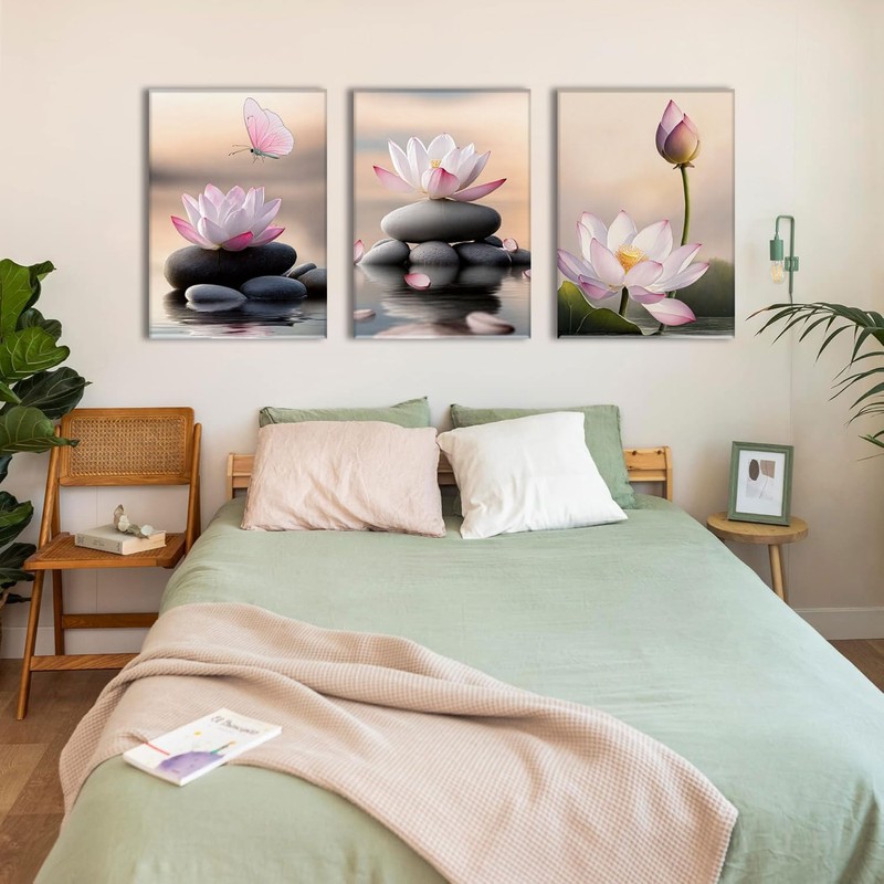 AOYUSMO 3 Piece Pink Lotus Flowers Zen Canvas Wall Art