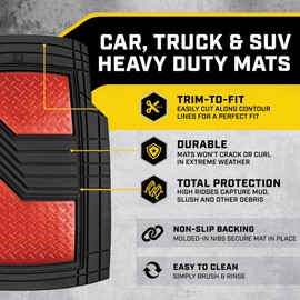 Cat® DiamondShield™ Rubber Floor Mats for Cars Trucks SUV, All Weather Protection, Front and Rear Car Mats with Heel Pad & Anti-Slip Backing, Universal Trim-to-Fit Rubber Floor Mats for Car, Red