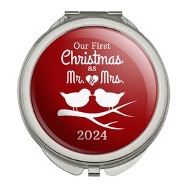 GRAPHICS & MORE Our First Christmas as Mr and Mrs 2024 Married Kissing Birds Red Background Compact Travel Purse Handbag Makeup Mirror