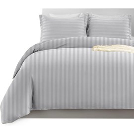 Imperial Rooms Duvet Cover Sets – Stripes Satin Quilt Cover Bedding Sets with Pillowcase, Reversible Ultra Soft Hypoallergenic Microfiber Bed Covers (Silver, Single)