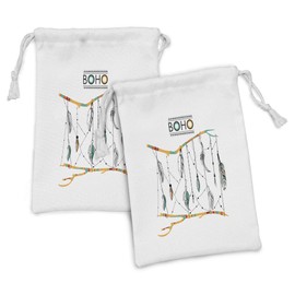 Ambesonne Tribal Fabric Pouch Set of 2, Classic Retro Feathers Hippie Old Culture Artwork, Small Drawstring Bag for Toiletries Masks and Favors, 9" x 6", Multicolor