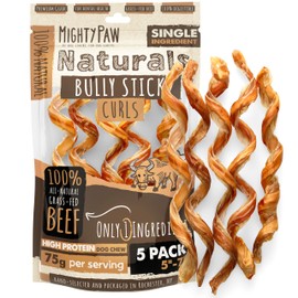 Mighty Paw Naturals Curly Bully Sticks for Dogs - Grass Fed Beef Chews. Bully Sticks for Large Dogs, Medium, Small Breeds. Lower Odor Treats for Small Pets. Single Ingredient 6” - 5 Pack