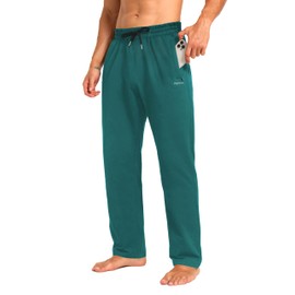 Men's Sweatpants Cotton Yoga Pants Casual Jersey Pants for Men Open Bottom Straight Leg with Zipper Pockets Green Small