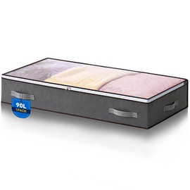 Boic 1 x 90 L Underbed Storage Box with Lid, Foldable Clothes Storage Bag for Duvets, Clothes, Underbed Wardrobe, Grey