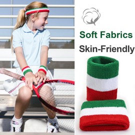 Kids Sweatbands Headband Wristband Set - Athletic Cotton Sweat Band for Sports - Ultimate Sweat-Absorbing 3-piece Set (1 Headband + 2 Wristbands) (Teal+White+Red)