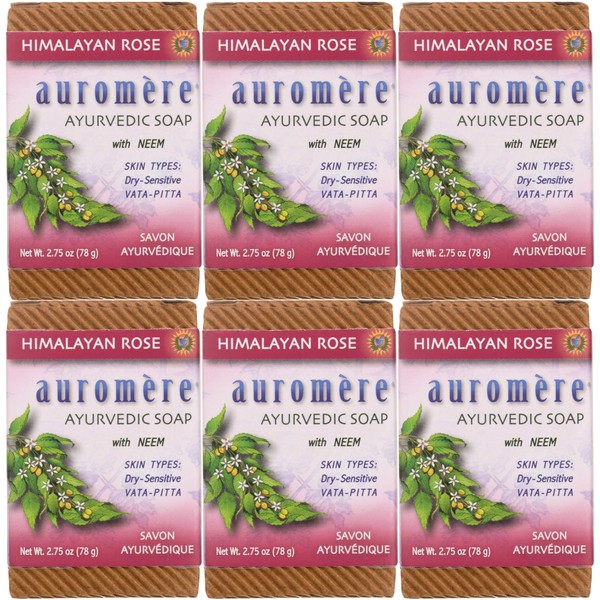 Auromere Ayurvedic Bar Soap, Himalayan Rose - Eco Friendly, Handmade, Vegan, Cruelty Free, Natural, Non GMO (2.75 oz), 6 pack
