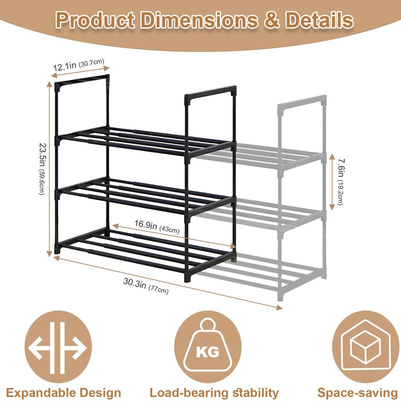 Mooisco 3-Tier Expandable Shoe Rack, Adjustable Metal Shoe Storage, Sturdy