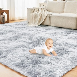 OPPODREAM Small Area Rug 3x5 for Living Room, Ultra Soft Nursery Throw Rugs, 3 x 5 Fluffy Kids Carpet with 0.4" Thick Non-Slip Backing, Long Pile Shag Carpet, Fuzzy, Shaggy, Tie-dye Light Grey