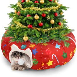 Cinnvoice 2.62ft x 2.62ft x 10.24in Christmas Cat Tunnel Bed Under Christmas Tree for Indoor Cat, Xmas Red Cute Pet Donut Tunnel with Washable Circle Cushion, Foldable Toy for Kitten(Ball)