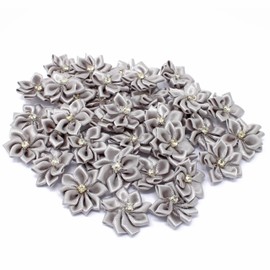 Grey 25mm Satin Ribbon Flowers with Rhinestone Diamante Centre, Craft Flowers (10)