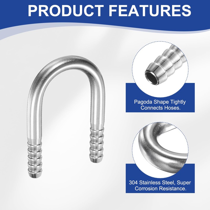PATIKIL 5/16インチ（8mm）x 5/16インチ（8mm）ホースバーブ継手304ステンレス鋼製U字形ジョイントコネクタバーブ継手メタルスプライサー2個